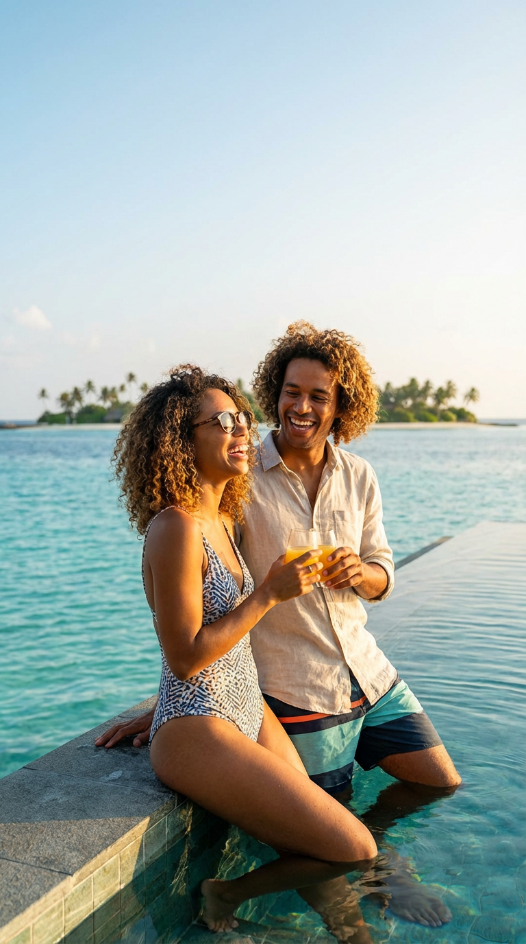 Happy biracial couple enjoying luxury vacation